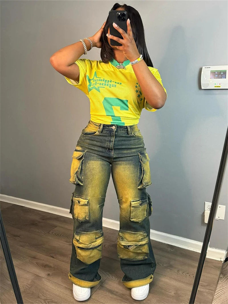 Streetwear Tie dye Jeans Multi Pockets Pants Fall Clothes 2024 Women High Waist Staight Leg Cargo Pants Fashion Denim Trousers