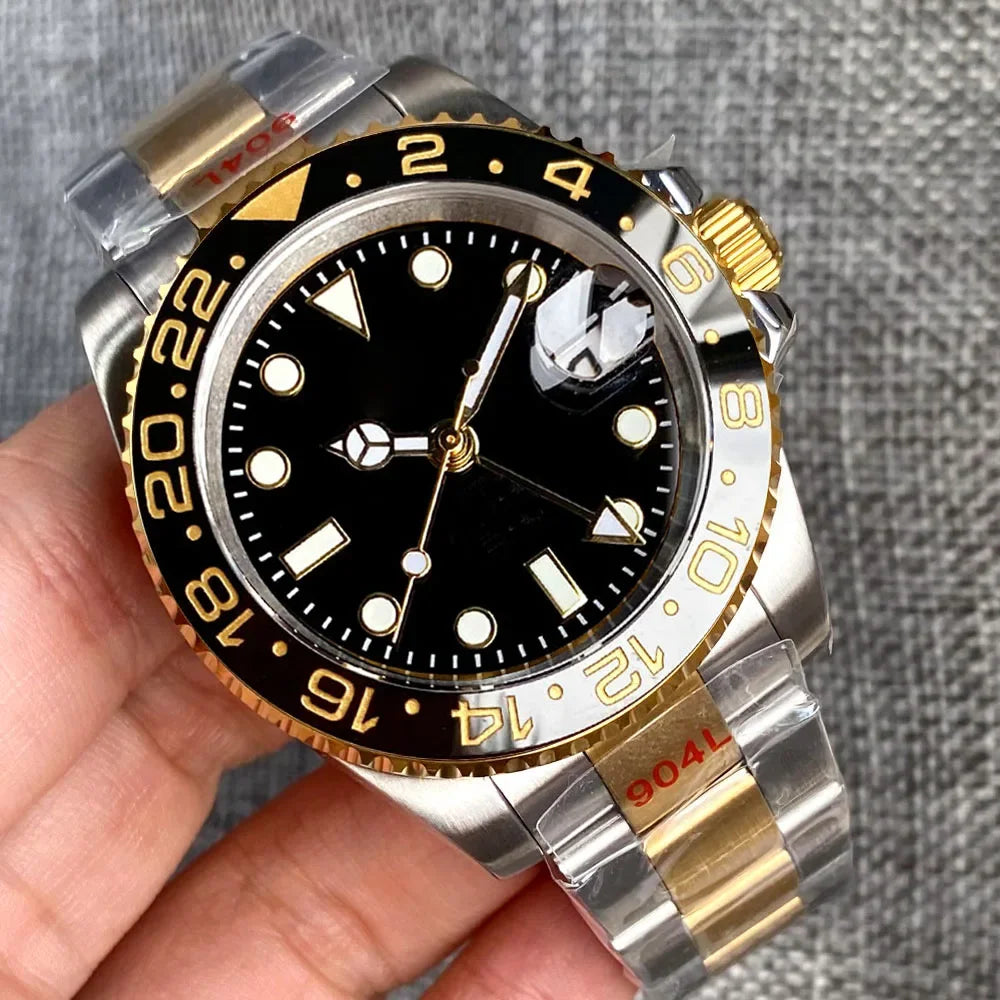 Tandorio Yellow Gold NH34AA GMT Mechanical Men Watch 24 hours Gold Ceramic Insert 20bar Waterproof Luxury Diver Clock Rejor 40mm