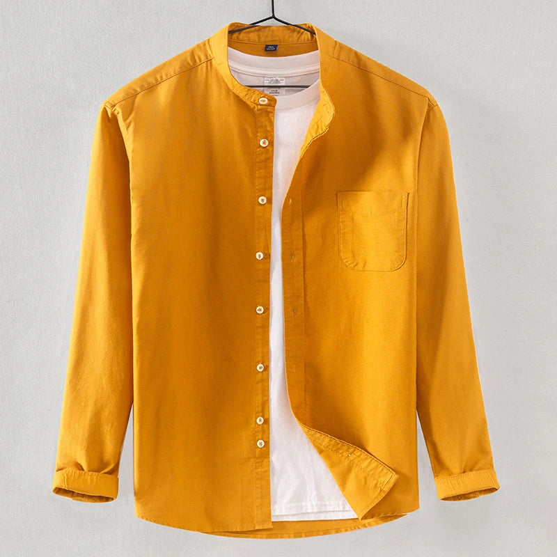 Men's Shirt Cotton Oxford Stand-up Collar Autumn Casual 100% Cotton Long-sleeve White Yellow Blue Chinese Style Luxury Man Tops
