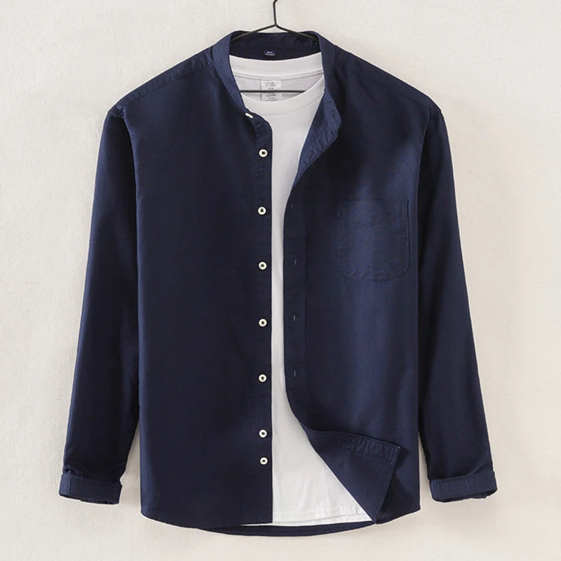 Men's Shirt Cotton Oxford Stand-up Collar Autumn Casual 100% Cotton Long-sleeve White Yellow Blue Chinese Style Luxury Man Tops