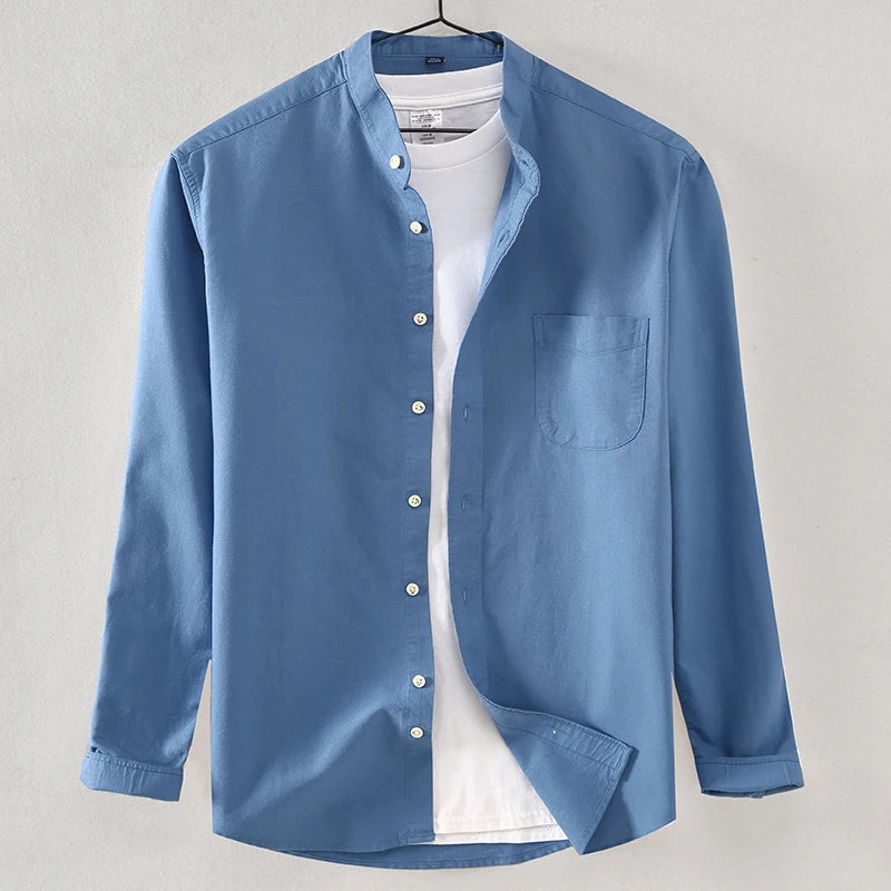 Men's Shirt Cotton Oxford Stand-up Collar Autumn Casual 100% Cotton Long-sleeve White Yellow Blue Chinese Style Luxury Man Tops