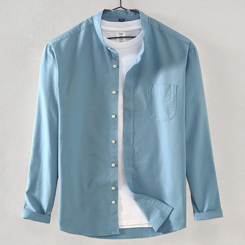 Men's Shirt Cotton Oxford Stand-up Collar Autumn Casual 100% Cotton Long-sleeve White Yellow Blue Chinese Style Luxury Man Tops