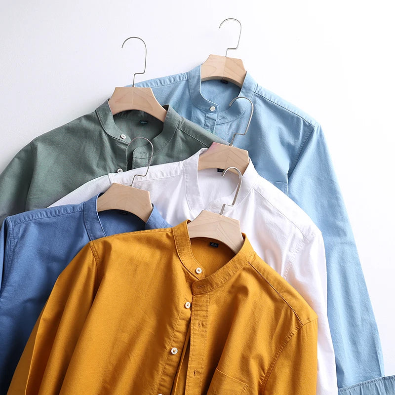 Men's Shirt Cotton Oxford Stand-up Collar Autumn Casual 100% Cotton Long-sleeve White Yellow Blue Chinese Style Luxury Man Tops
