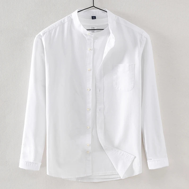 Men's Shirt Cotton Oxford Stand-up Collar Autumn Casual 100% Cotton Long-sleeve White Yellow Blue Chinese Style Luxury Man Tops