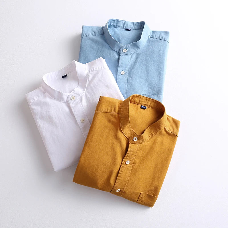 Men's Shirt Cotton Oxford Stand-up Collar Autumn Casual 100% Cotton Long-sleeve White Yellow Blue Chinese Style Luxury Man Tops