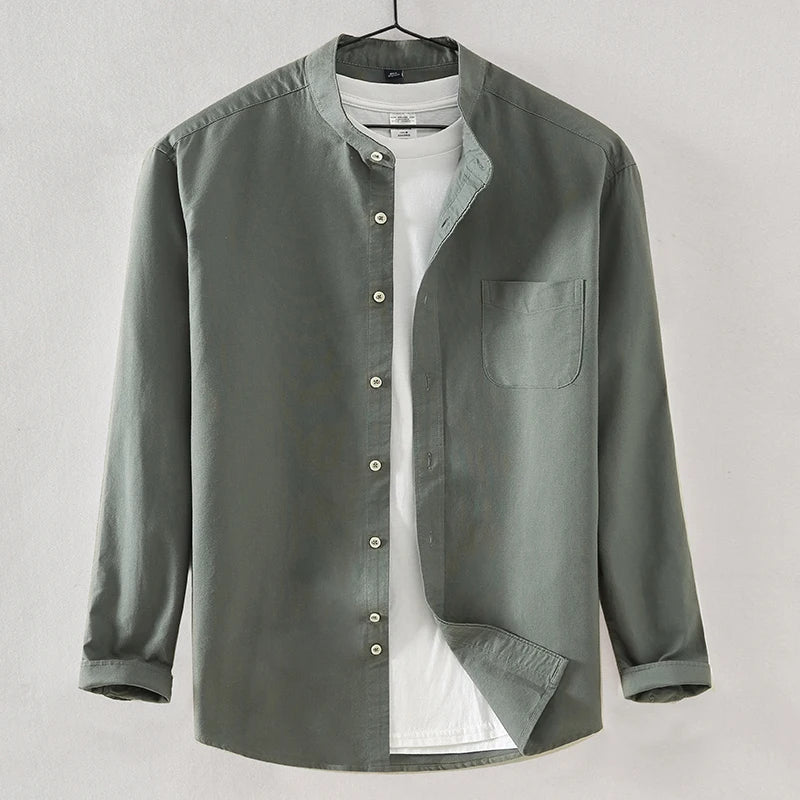 Men's Shirt Cotton Oxford Stand-up Collar Autumn Casual 100% Cotton Long-sleeve White Yellow Blue Chinese Style Luxury Man Tops