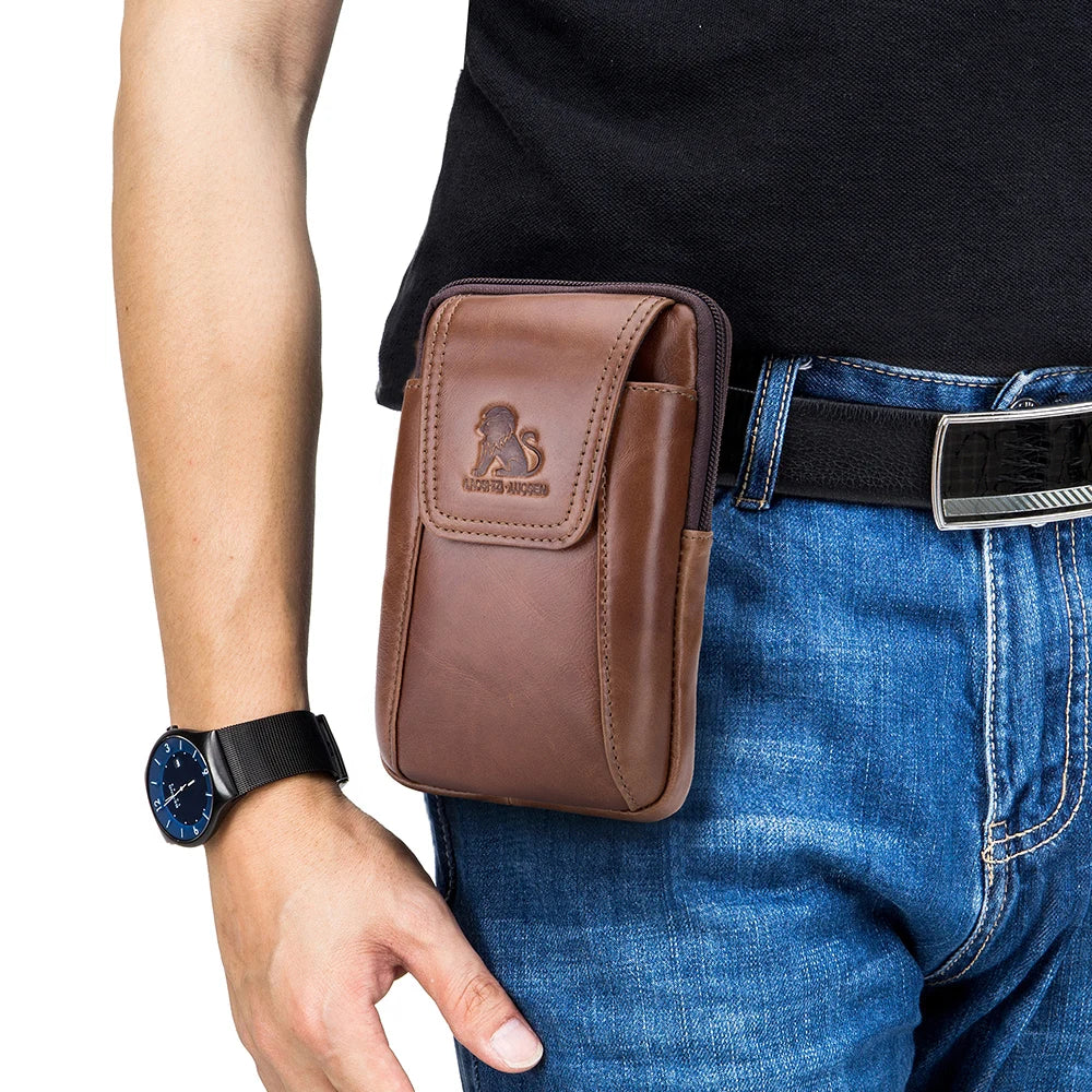 Top layer cowhide men's belt bag for casual outdoor mobile phone bag, genuine leather waist bag
