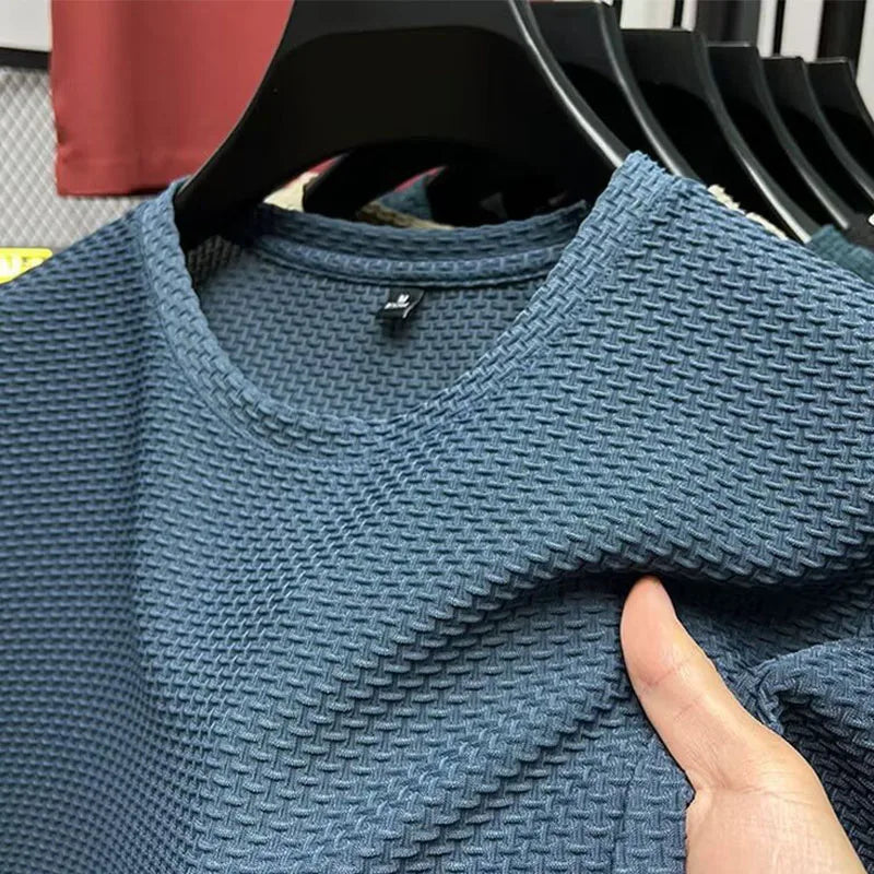 1pcs Summer Men Mesh Ice Silk T-shirt Men's Round Neck Short sleeved New T-sleeved Men's Shirt Solid Men's Casual Elastic Top