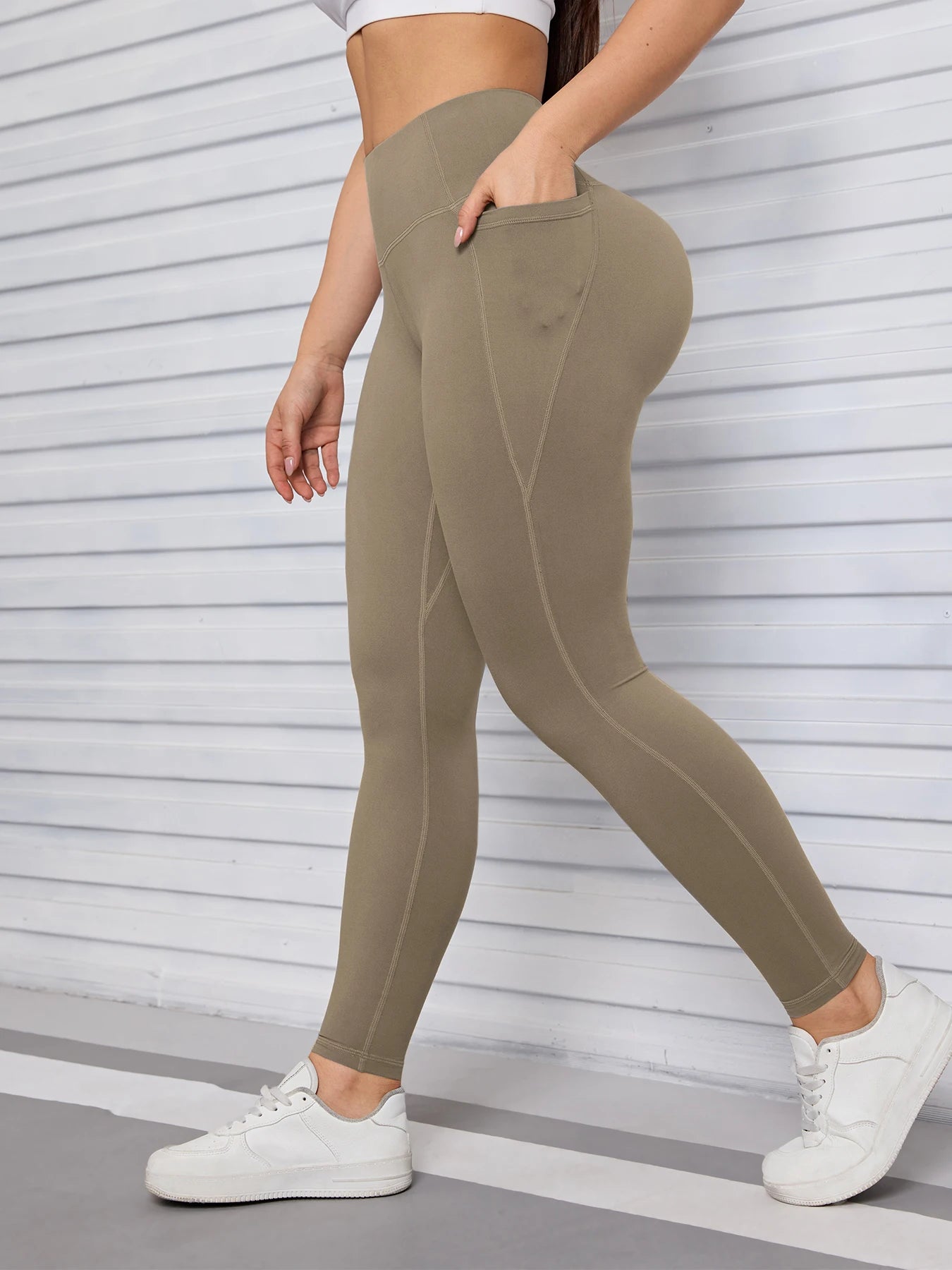 Women Leggings High Waist Butt Lifting Workout Pants with Double Pocket Elastic Slim Breathable Fitness Tights