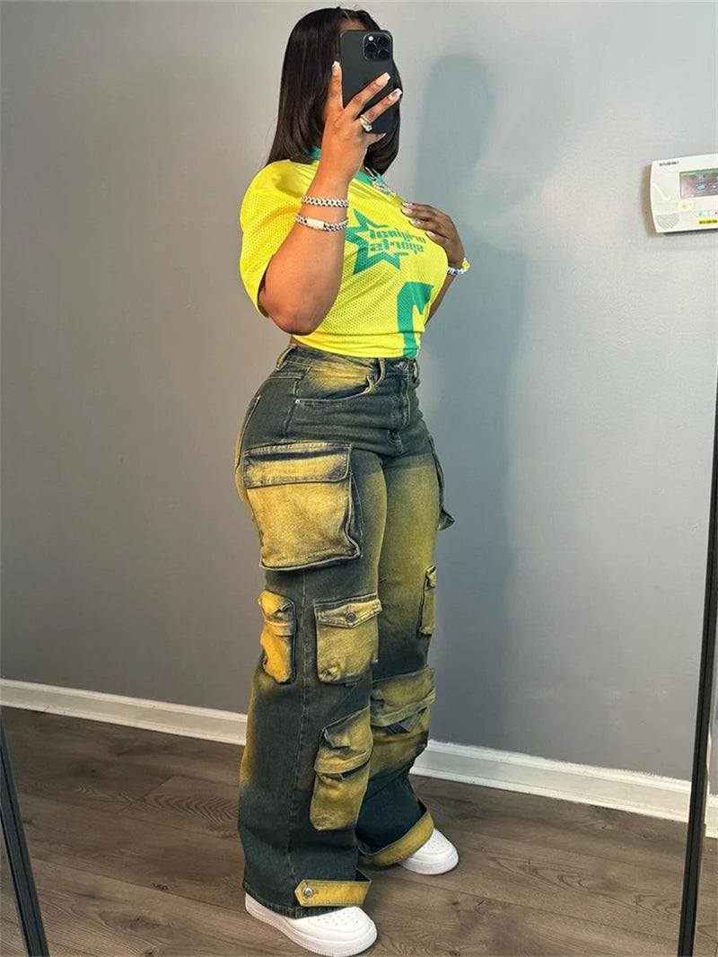 Streetwear Tie dye Jeans Multi Pockets Pants Fall Clothes 2024 Women High Waist Staight Leg Cargo Pants Fashion Denim Trousers