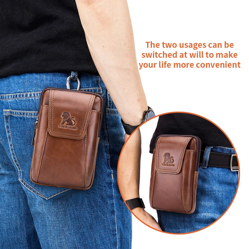 Top layer cowhide men's belt bag for casual outdoor mobile phone bag, genuine leather waist bag