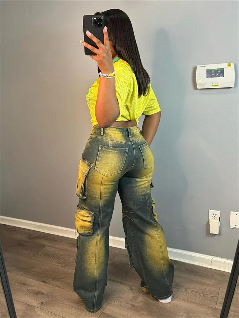 Streetwear Tie dye Jeans Multi Pockets Pants Fall Clothes 2024 Women High Waist Staight Leg Cargo Pants Fashion Denim Trousers