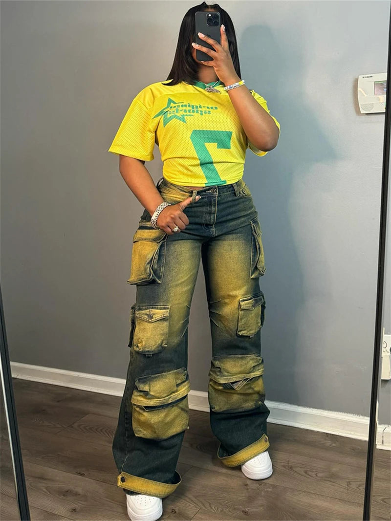 Streetwear Tie dye Jeans Multi Pockets Pants Fall Clothes 2024 Women High Waist Staight Leg Cargo Pants Fashion Denim Trousers