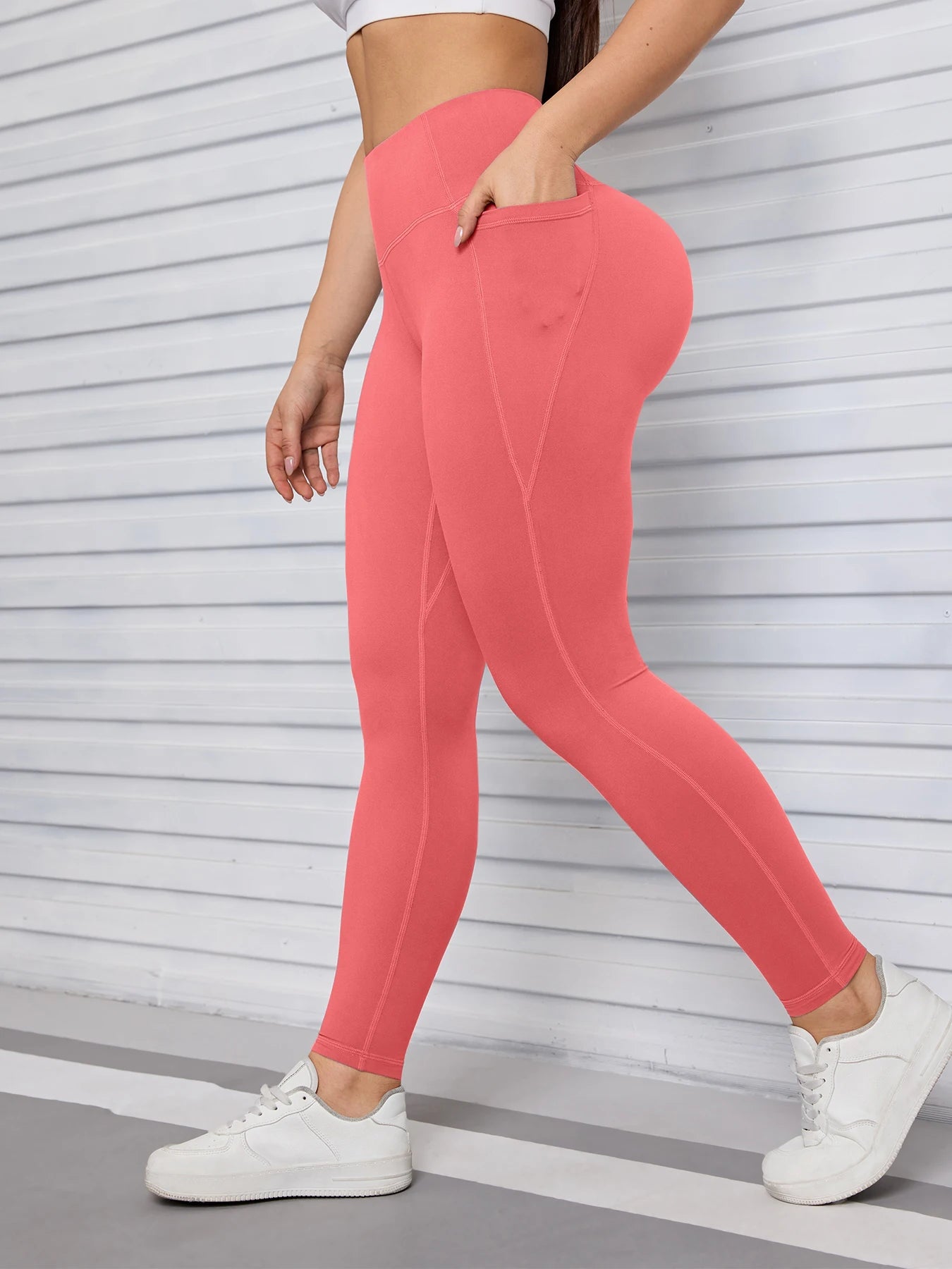 Women Leggings High Waist Butt Lifting Workout Pants with Double Pocket Elastic Slim Breathable Fitness Tights