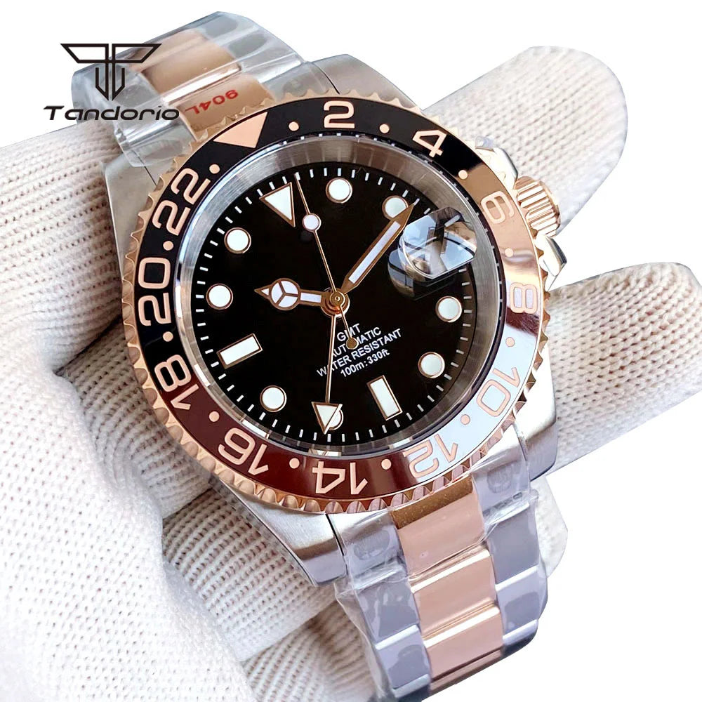 Tandorio NH34 40mm Two Tone Classic Automatic GMT Watch for Men Sapphire 24H Bezel Date Luxury Mechanical Watches Waterproof