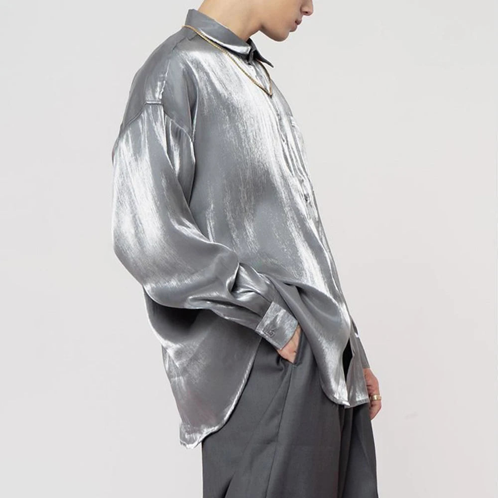 2024 New Men's Shirt Ice Silk Satin Glossy Men's Long-sleeved Abstinence System Pure Color Satin Shirt Ins All-match