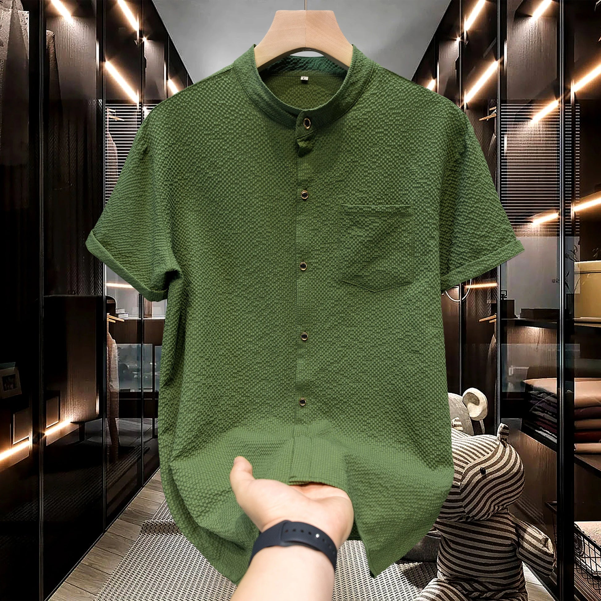 M-5XL Summer Men's Shirt Short Sleeved with Bubble Gauze Textured Fabric Thin Quick Drying Stand Up Collar Short Sleeved Shirt