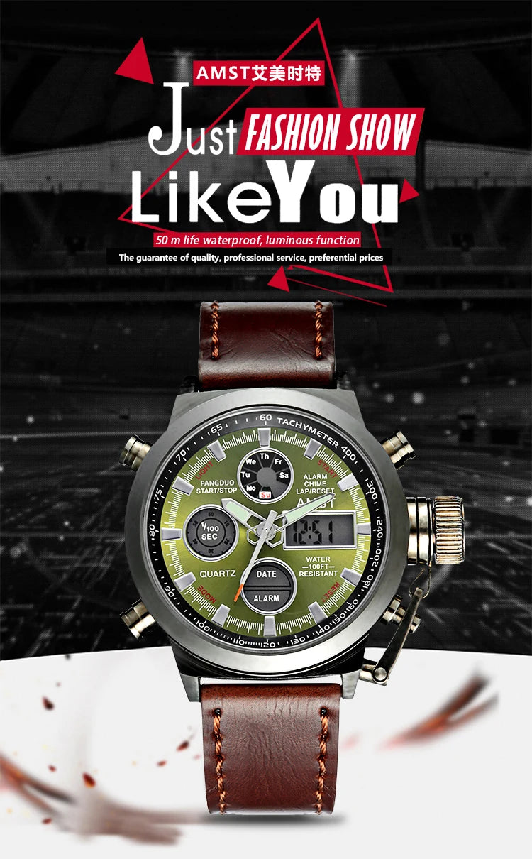 Original AMST Watches Men Luxury Brand 5ATM 50m Dive LED Digital Analog Quartz Watches Male Fashion Sport Military Wristwatches