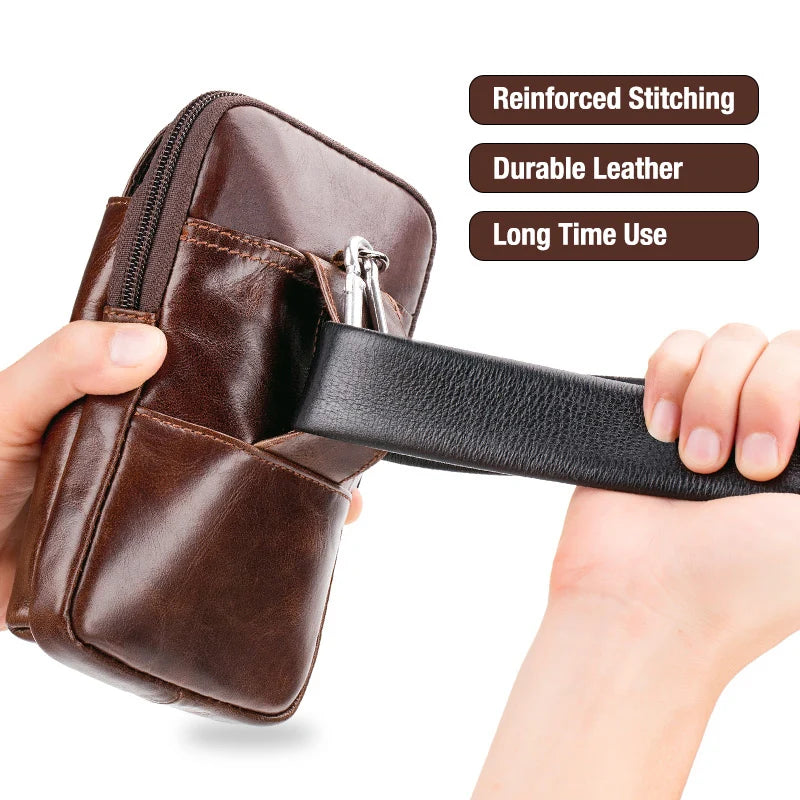 Top layer cowhide men's belt bag for casual outdoor mobile phone bag, genuine leather waist bag