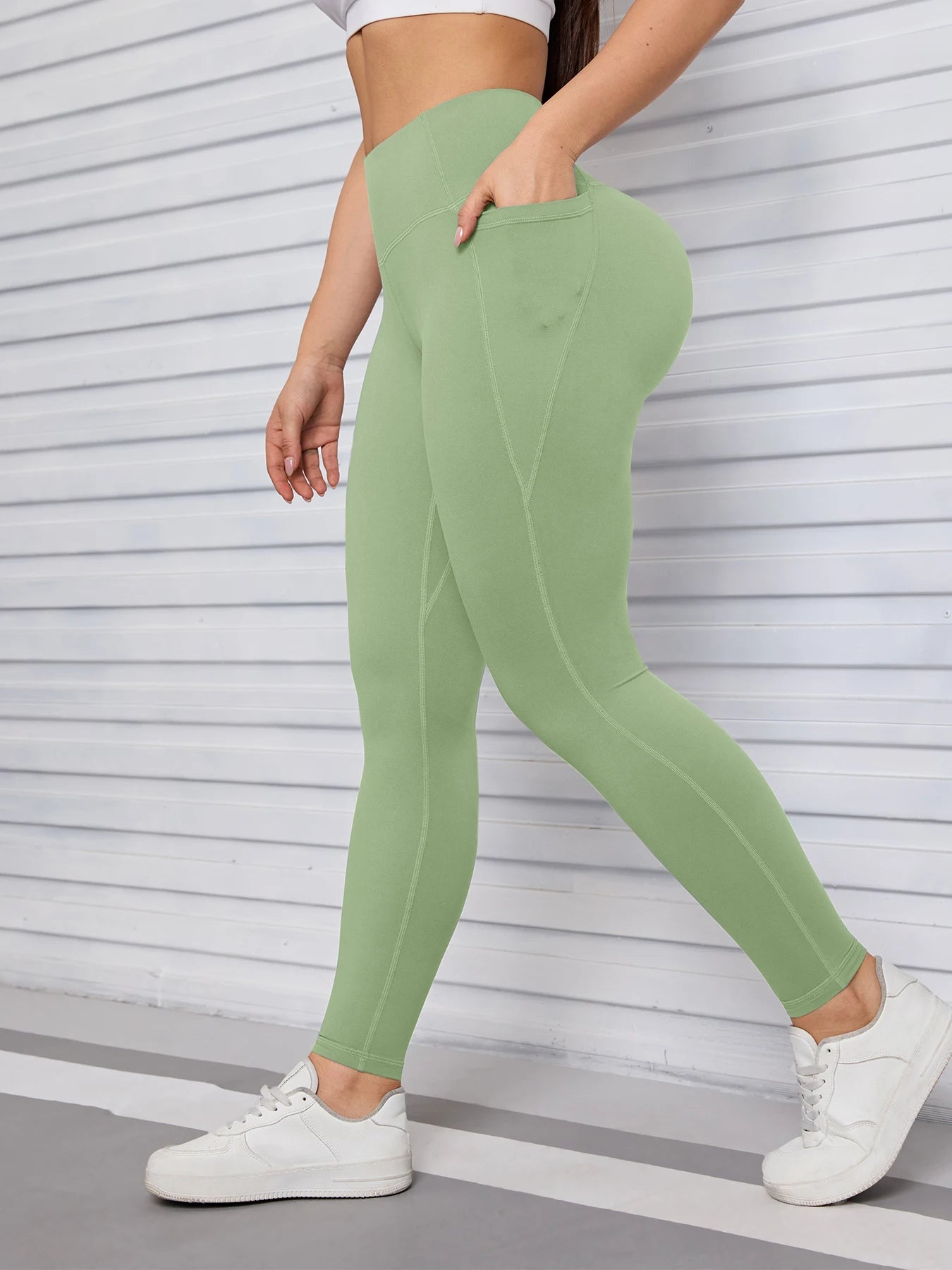 Women Leggings High Waist Butt Lifting Workout Pants with Double Pocket Elastic Slim Breathable Fitness Tights