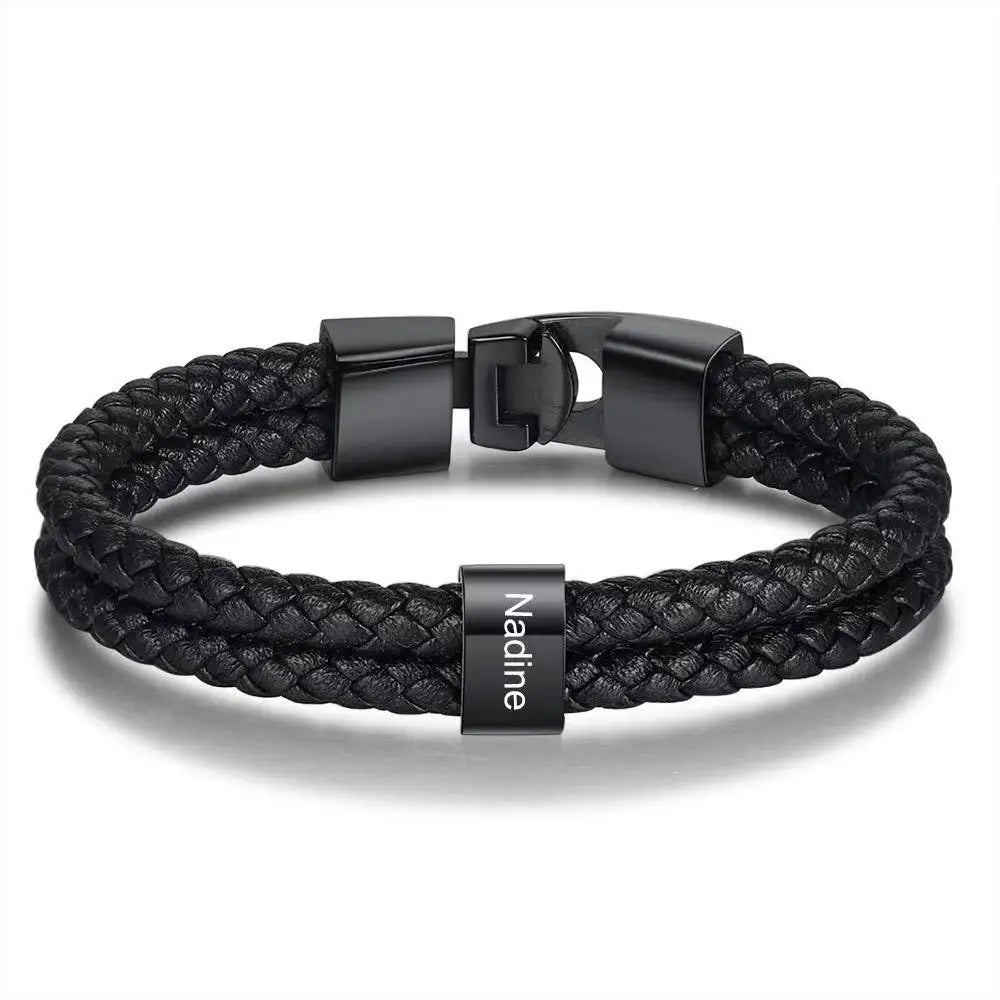 Custom Family Names Beads Bracelet Men Personalized Engraved Accessory Black Leather Stainless Steel Bangle Father's Day Gift