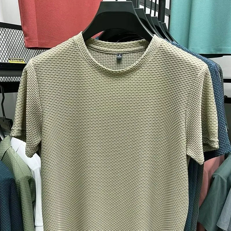 1pcs Summer Men Mesh Ice Silk T-shirt Men's Round Neck Short sleeved New T-sleeved Men's Shirt Solid Men's Casual Elastic Top