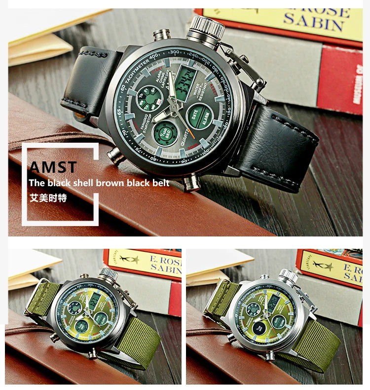 Original AMST Watches Men Luxury Brand 5ATM 50m Dive LED Digital Analog Quartz Watches Male Fashion Sport Military Wristwatches