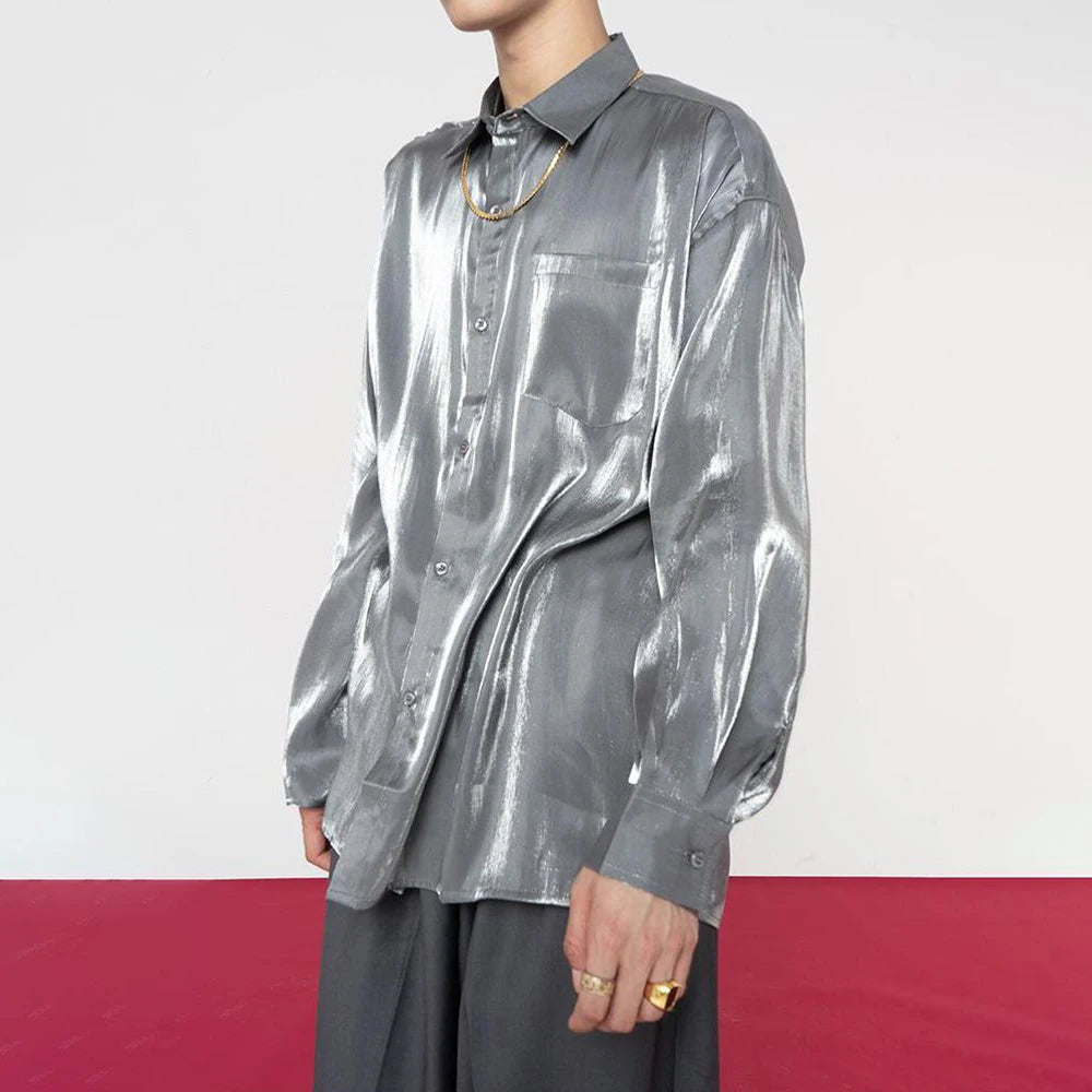 2024 New Men's Shirt Ice Silk Satin Glossy Men's Long-sleeved Abstinence System Pure Color Satin Shirt Ins All-match