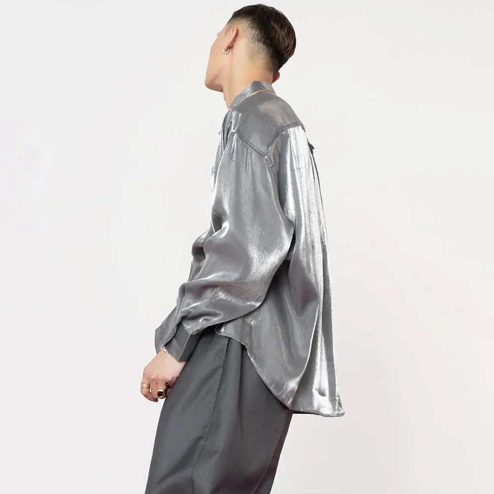 2024 New Men's Shirt Ice Silk Satin Glossy Men's Long-sleeved Abstinence System Pure Color Satin Shirt Ins All-match