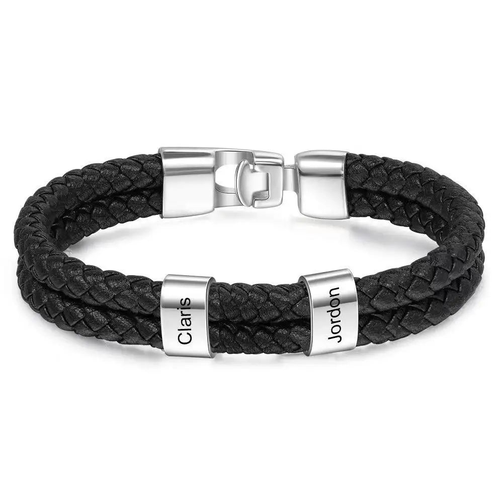 Custom Family Names Beads Bracelet Men Personalized Engraved Accessory Black Leather Stainless Steel Bangle Father's Day Gift