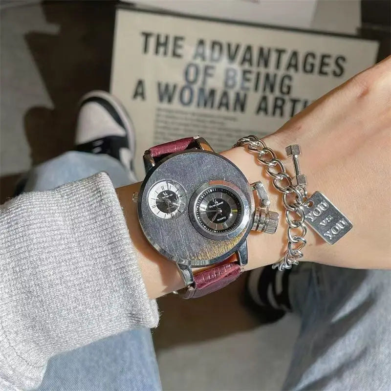 Luxury Quartz Men's Watches Punk Style Dual Dial Business Men Wristwatch Stainless Steel Strap Waterproof Military Watch