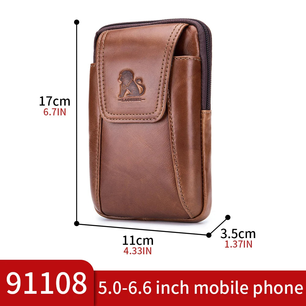 Top layer cowhide men's belt bag for casual outdoor mobile phone bag, genuine leather waist bag