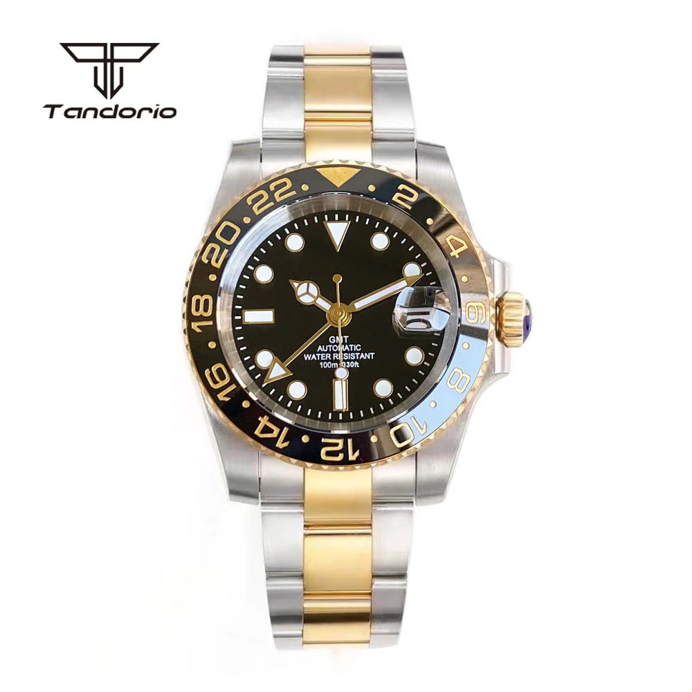 Tandorio NH34 40mm Two Tone Classic Automatic GMT Watch for Men Sapphire 24H Bezel Date Luxury Mechanical Watches Waterproof