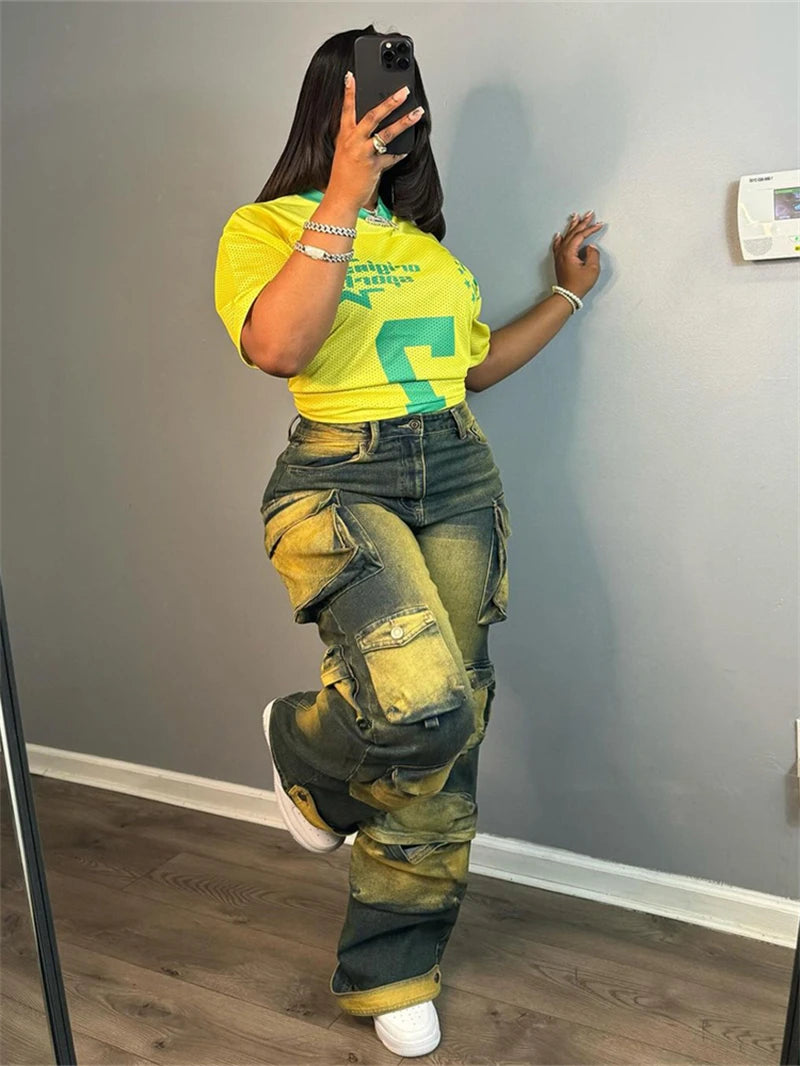 Streetwear Tie dye Jeans Multi Pockets Pants Fall Clothes 2024 Women High Waist Staight Leg Cargo Pants Fashion Denim Trousers