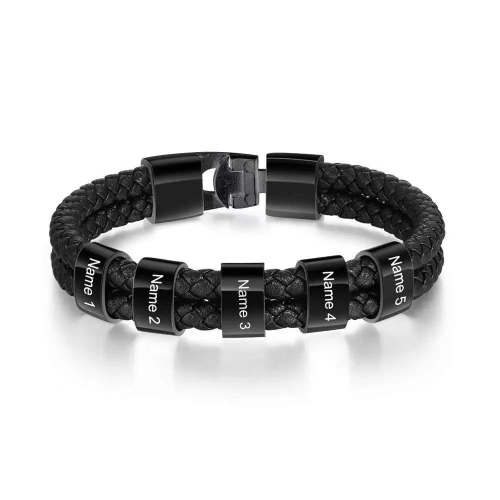 Custom Family Names Beads Bracelet Men Personalized Engraved Accessory Black Leather Stainless Steel Bangle Father's Day Gift