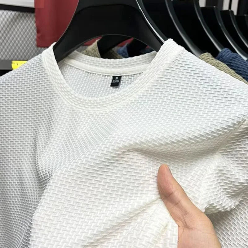 1pcs Summer Men Mesh Ice Silk T-shirt Men's Round Neck Short sleeved New T-sleeved Men's Shirt Solid Men's Casual Elastic Top