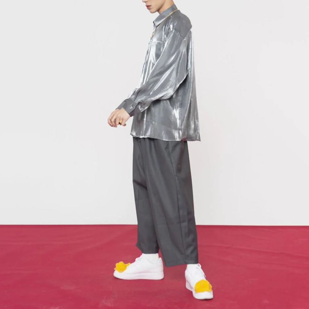 2024 New Men's Shirt Ice Silk Satin Glossy Men's Long-sleeved Abstinence System Pure Color Satin Shirt Ins All-match