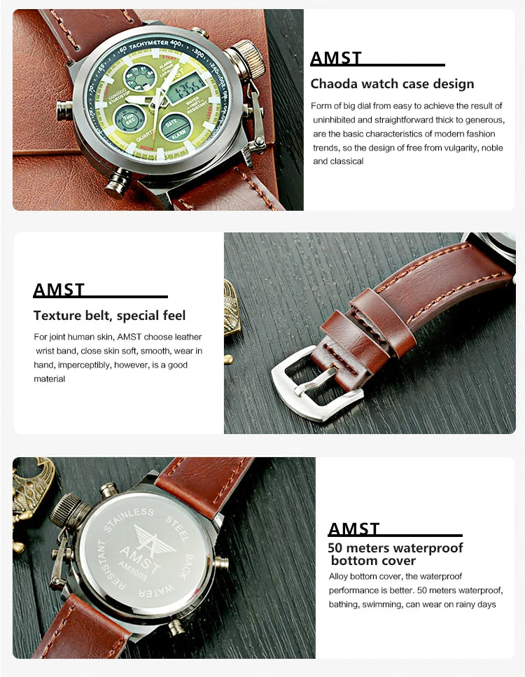 Original AMST Watches Men Luxury Brand 5ATM 50m Dive LED Digital Analog Quartz Watches Male Fashion Sport Military Wristwatches