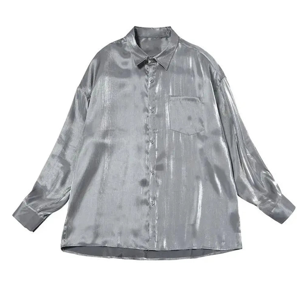 2024 New Men's Shirt Ice Silk Satin Glossy Men's Long-sleeved Abstinence System Pure Color Satin Shirt Ins All-match